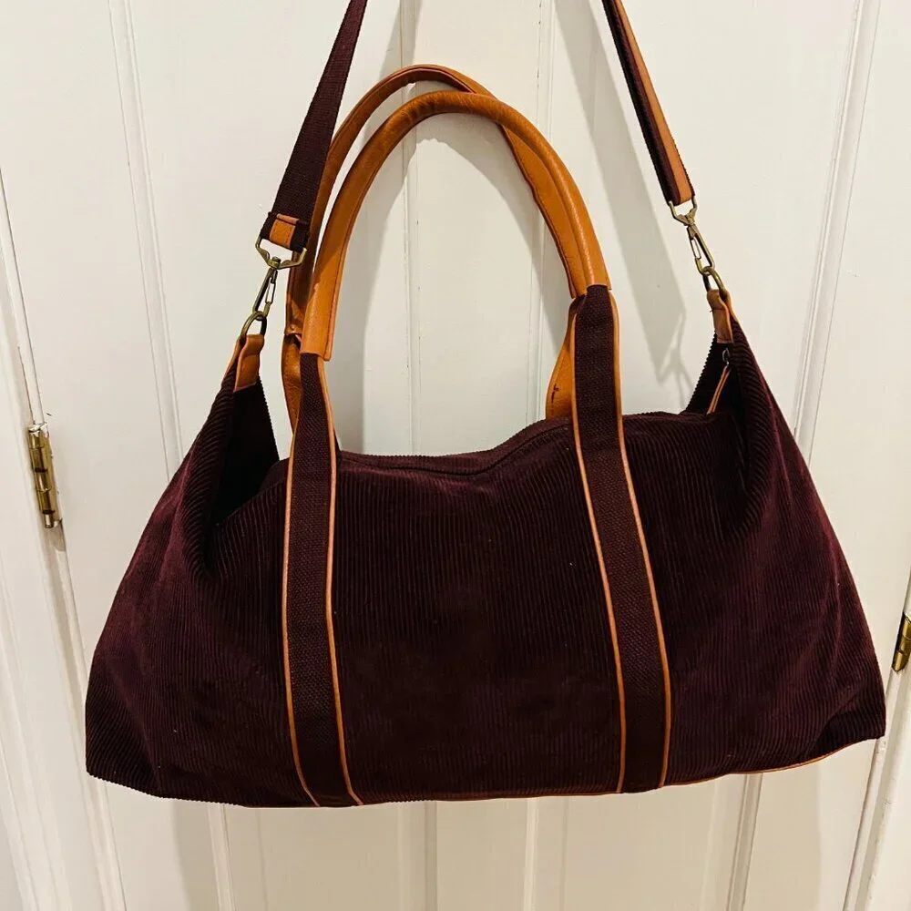 Vintage 80's 90's Corduroy and Leather Large Duffle Bag